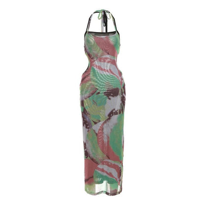 Halter self tie contrast print sheer mesh backless hollow out cut out maxi dress