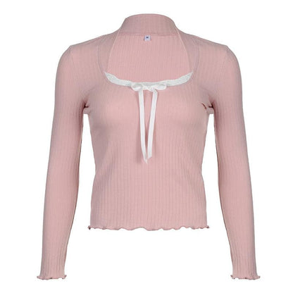 Lace hem contrast long sleeve bowknot ruffle top