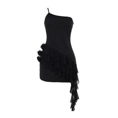 One shoulder ruffle flower applique mini dress