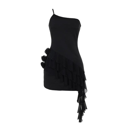 One shoulder ruffle flower applique mini dress