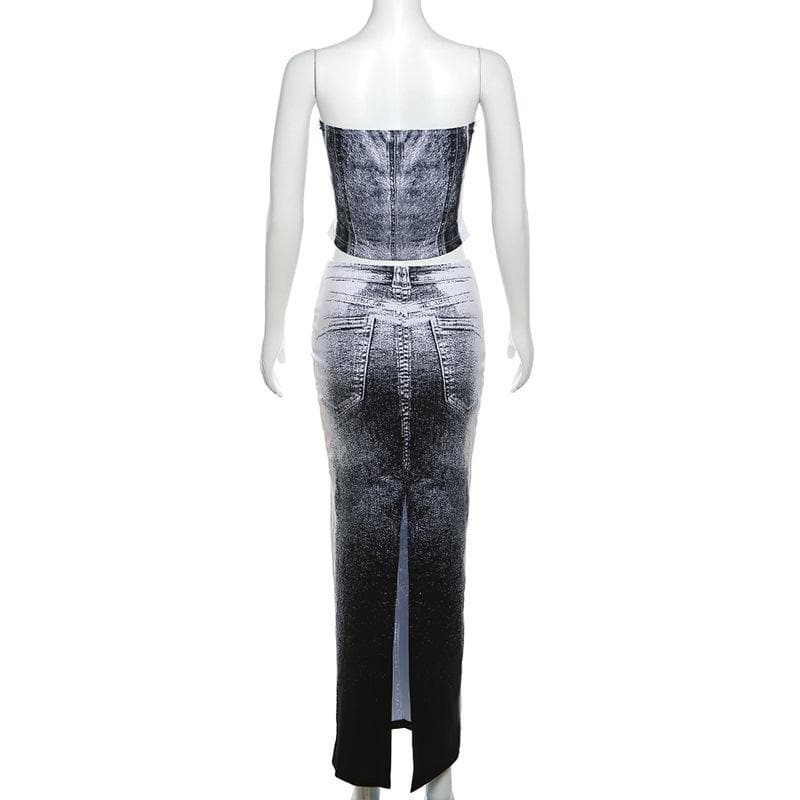 Contrast denim print slit backless tube maxi skirt set-final-sale