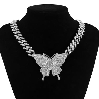 Butterfly pendant rhinestone cuban necklace