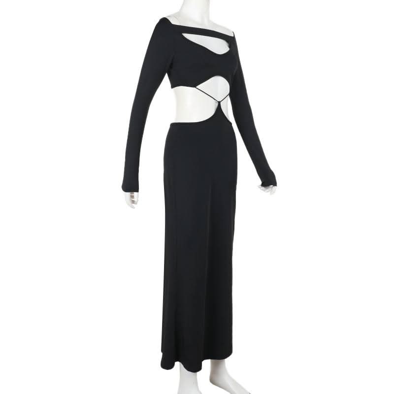 Long sleeve hollow out solid cut out maxi dress