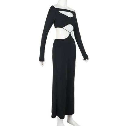 Long sleeve hollow out solid cut out maxi dress