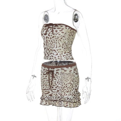 Leopard print bowknot ruffle tube mini skirt set