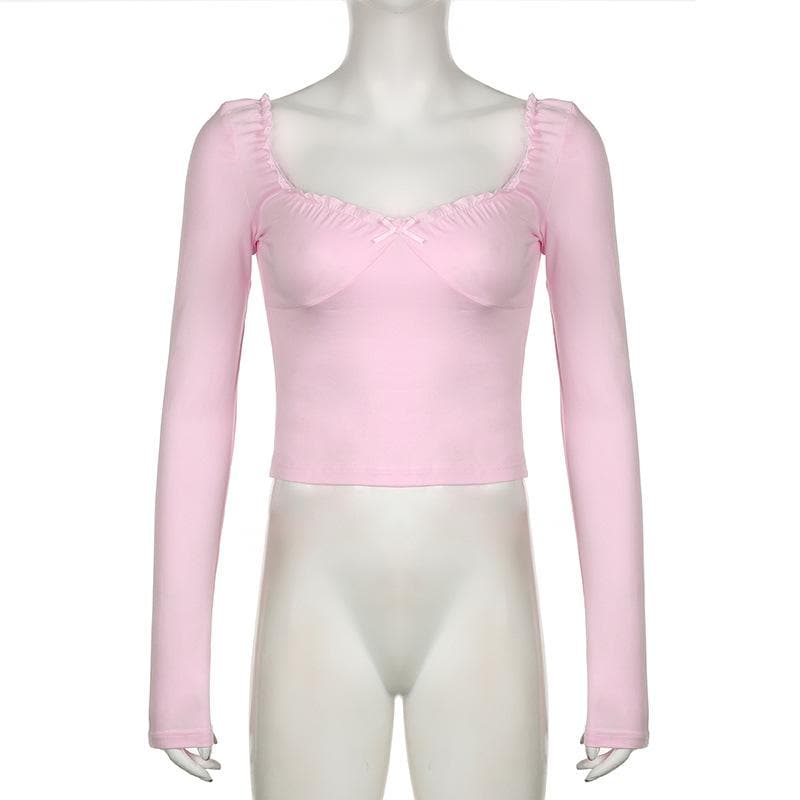 Long sleeve bowknot sweetheart neck ruffle top