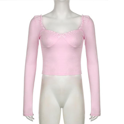 Long sleeve bowknot sweetheart neck ruffle top