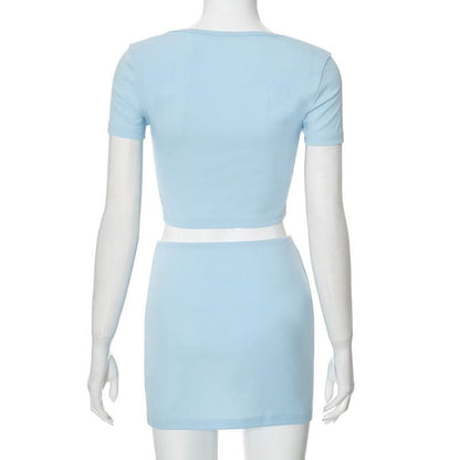 Short sleeve bowknot crop mini skirt set