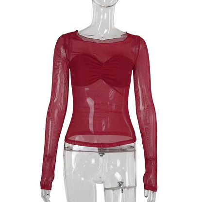 Long sleeve mesh ruched solid top