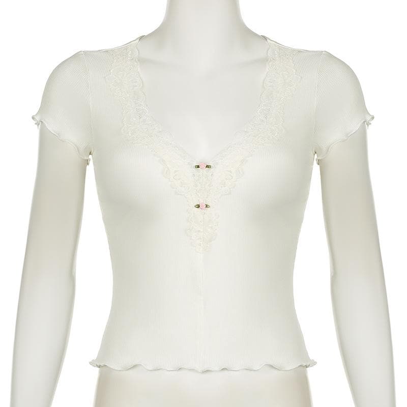 Short sleeve v neck ruffle lace hem ribbed top