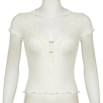 Short sleeve v neck ruffle lace hem ribbed top