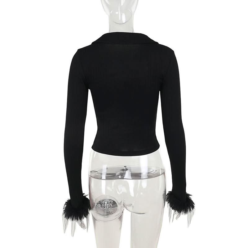 Turnover collar long sleeve fluffy button knitted top