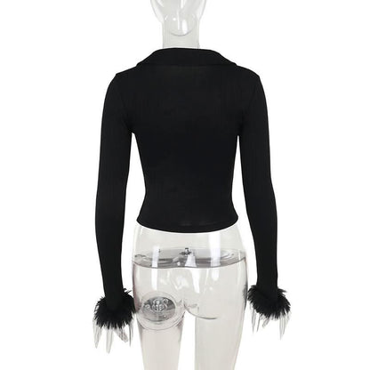 Turnover collar long sleeve fluffy button knitted top