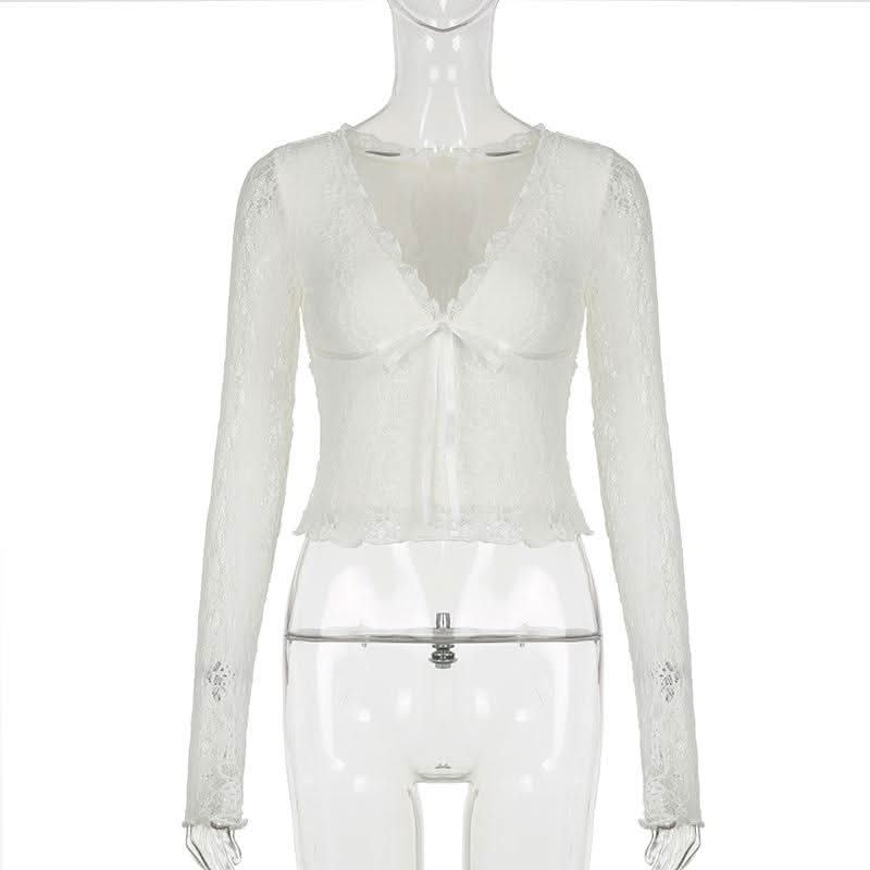 V neck long sleeve lace bowknot top