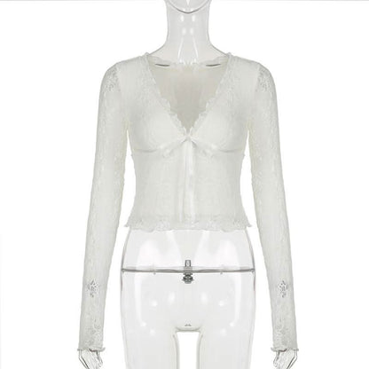 V neck long sleeve lace bowknot top