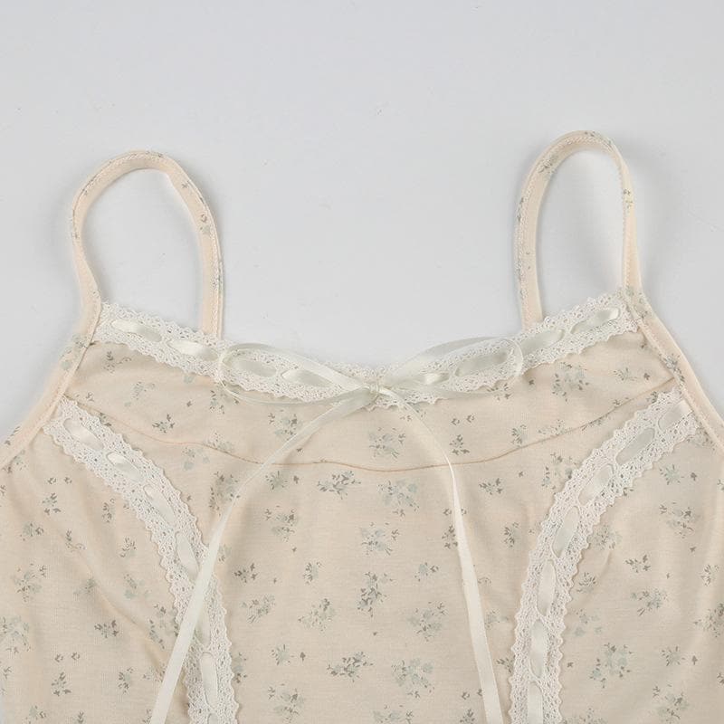 Lace hem bowknot ribbon print stitch cami top