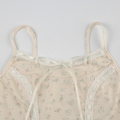Lace hem bowknot ribbon print stitch cami top