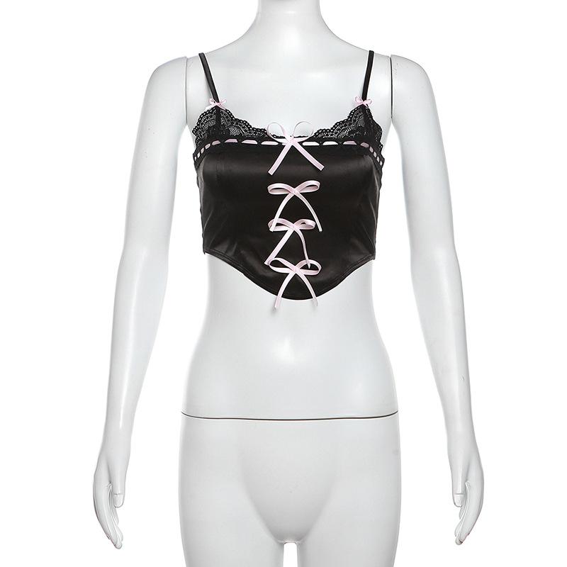 Satin bowknot ribbon lace hem zip-up cami top