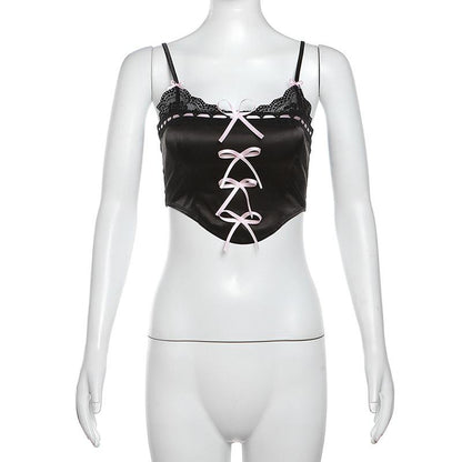 Satin bowknot ribbon lace hem zip-up cami top