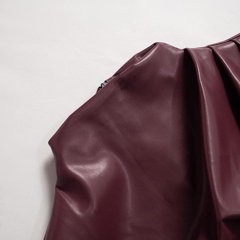 High neck zip-up PU leather irregular ruched top
