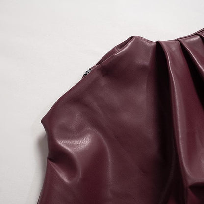 High neck zip-up PU leather irregular ruched top