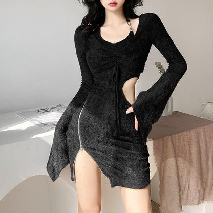 Textured zip-up drawstring hollow out halter long sleeve 2 piece cut out mini dress