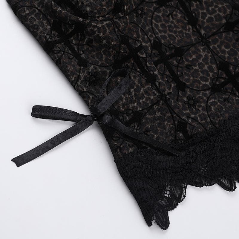 Leopard print cross pattern bowknot lace cami top