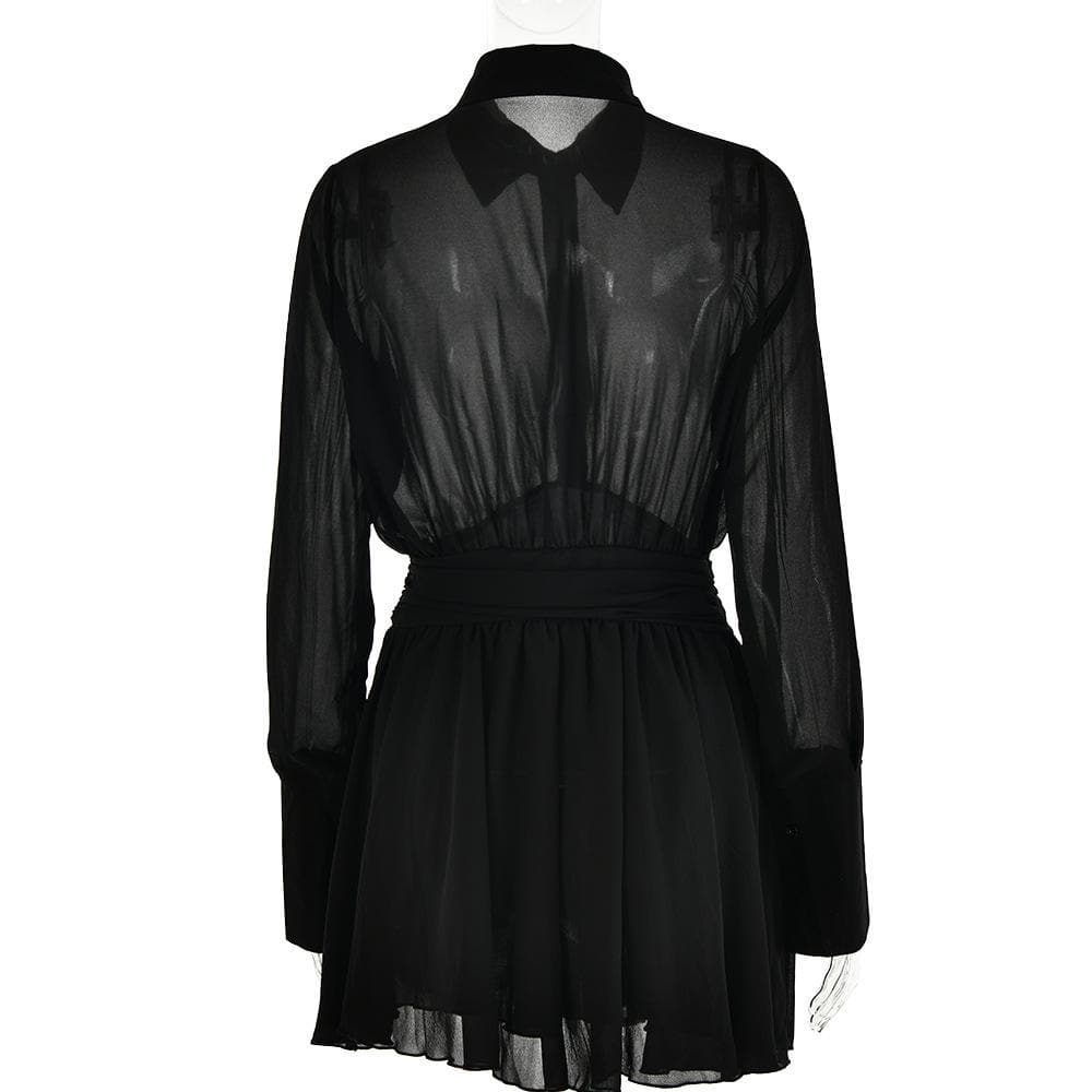 Spread Collar Deep V Ruched Waist Ruffled Cuff Mini Dress