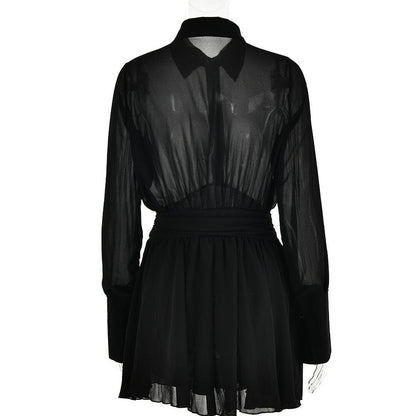 Spread Collar Deep V Ruched Waist Ruffled Cuff Mini Dress