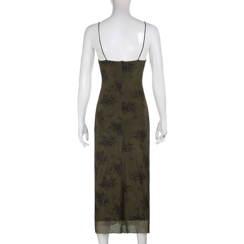 Flower print mesh zip-up cami maxi dress