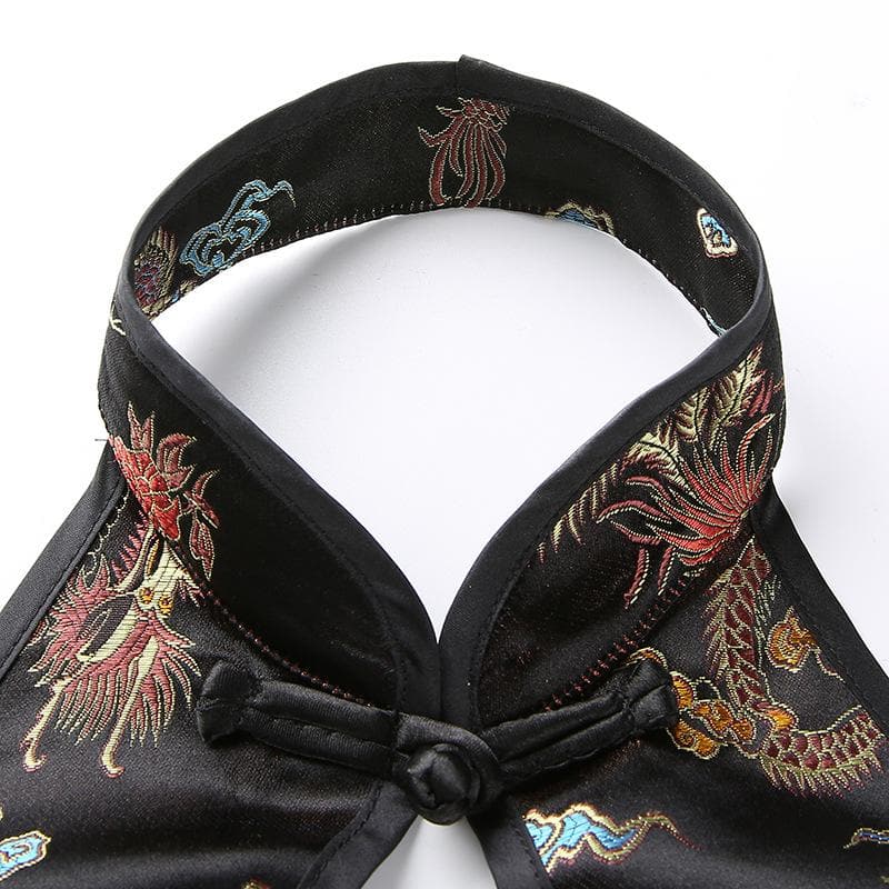 Halter hollow out dragon embroidery crop cut out top