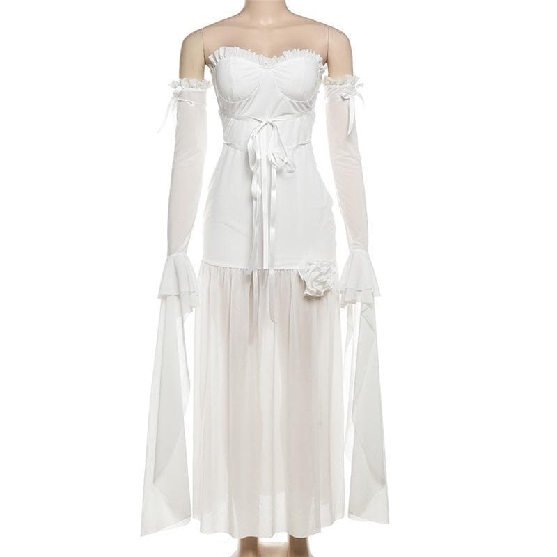 Long flared sleeve off shoulder rose applique maxi dress-final-sale