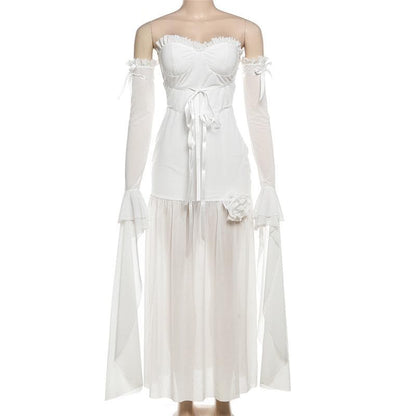 Long flared sleeve off shoulder rose applique maxi dress-final-sale