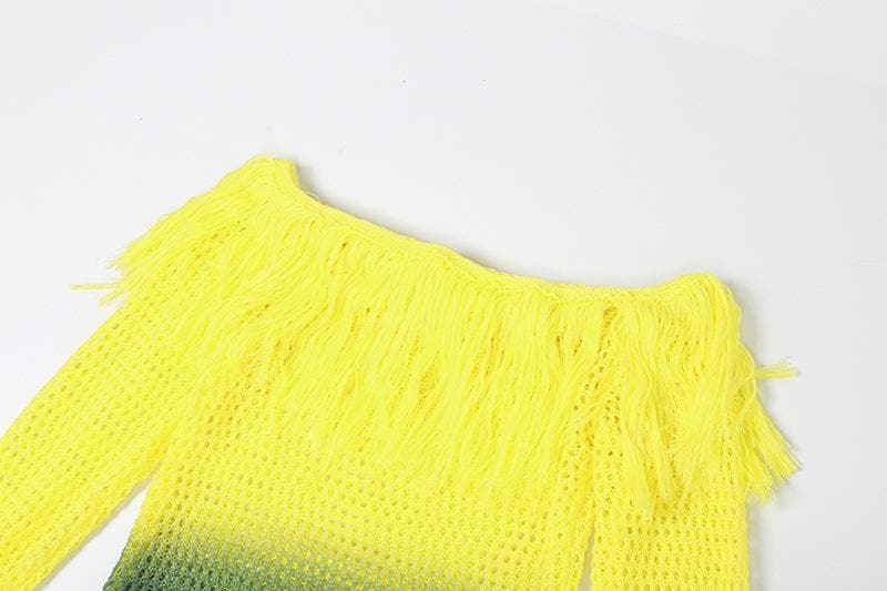 Crochet tassels off shoulder contrast long sleeve maxi dress-final-sale