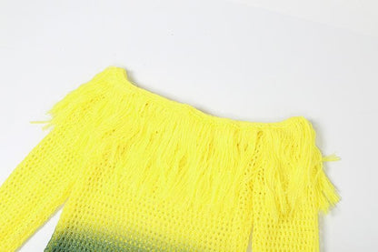 Crochet tassels off shoulder contrast long sleeve maxi dress-final-sale