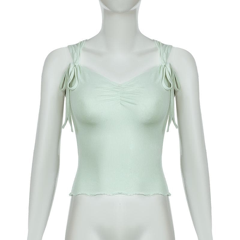 Ruffle ribbed bowknot solid ruched top