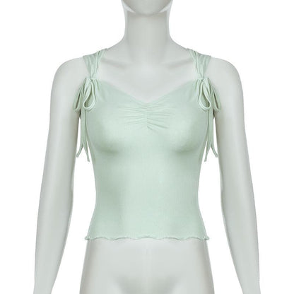 Ruffle ribbed bowknot solid ruched top