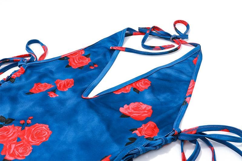 Halter Neck Side Lace Up Floral Print Bodycon Maxi Dress