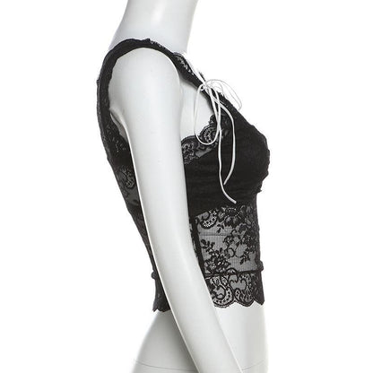 Lace bowknot ruched patchwork cami top