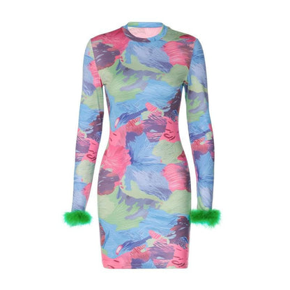 Feather crewneck contrast print long sleeve mini dress