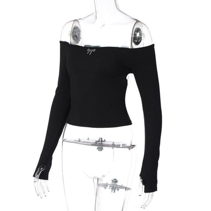 Off shoulder long sleeve gloves solid hollow out cut out top