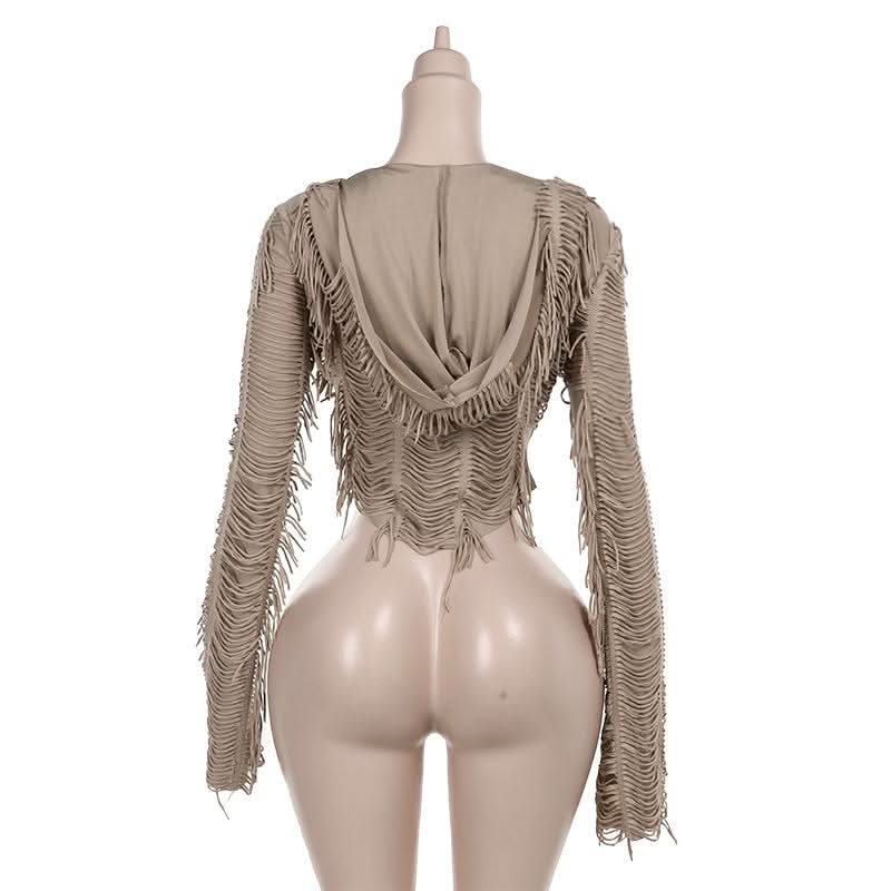 Long sleeve tassels hoodie irregular solid top