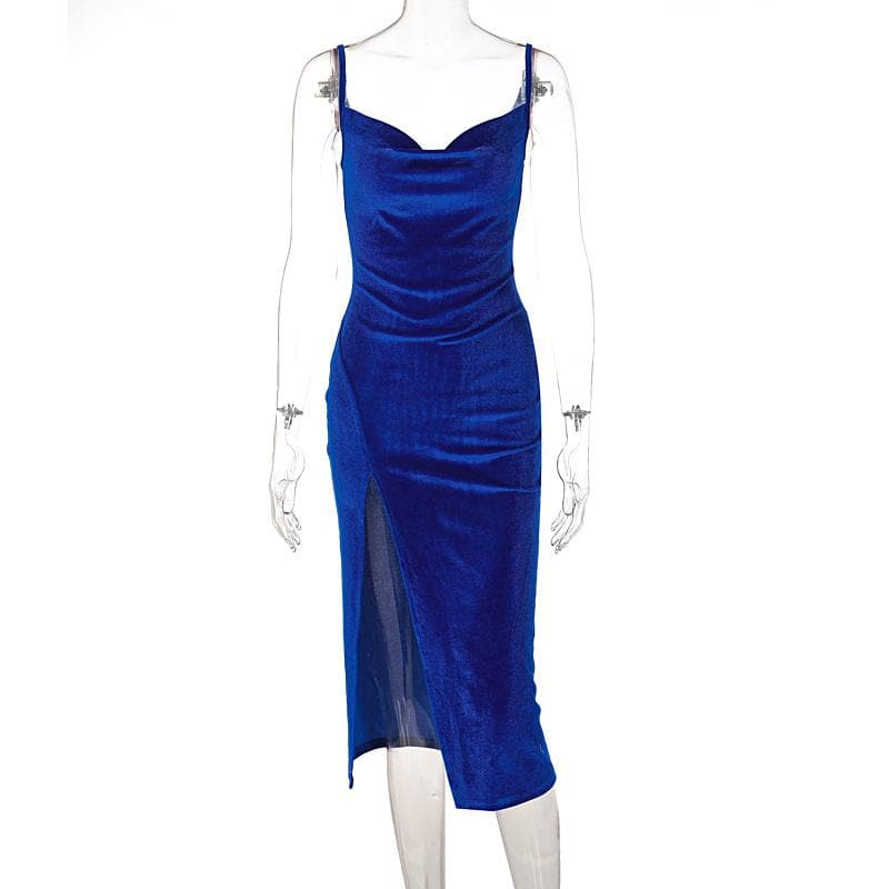 Spaghetti Strap Ruched Side Slit Velvet Bodycon Midi Dress