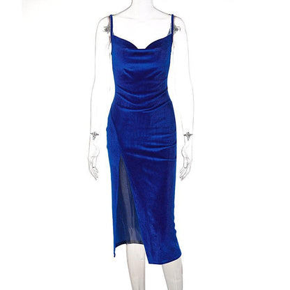 Spaghetti Strap Ruched Side Slit Velvet Bodycon Midi Dress