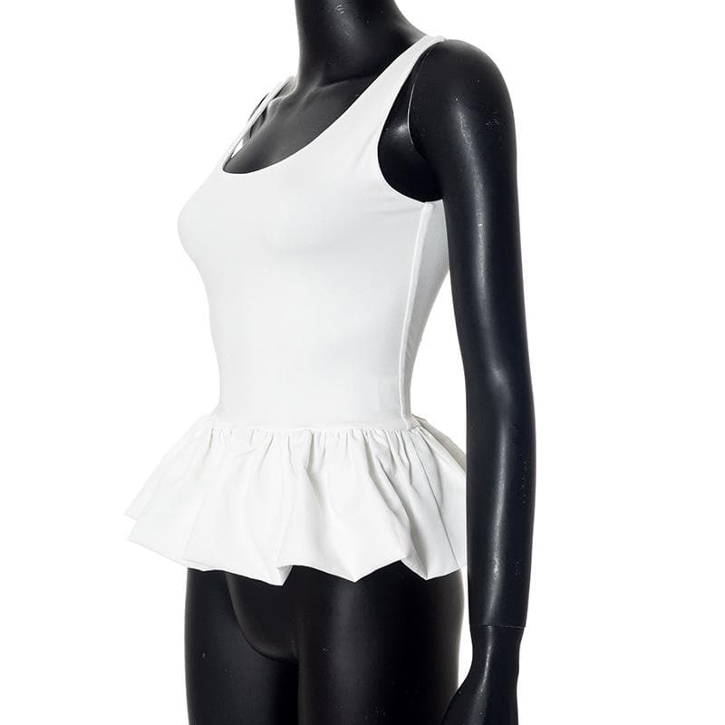 U neck backless ruffle ruched solid tank top