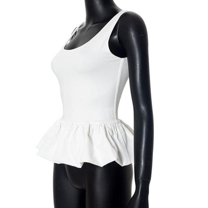 U neck backless ruffle ruched solid tank top