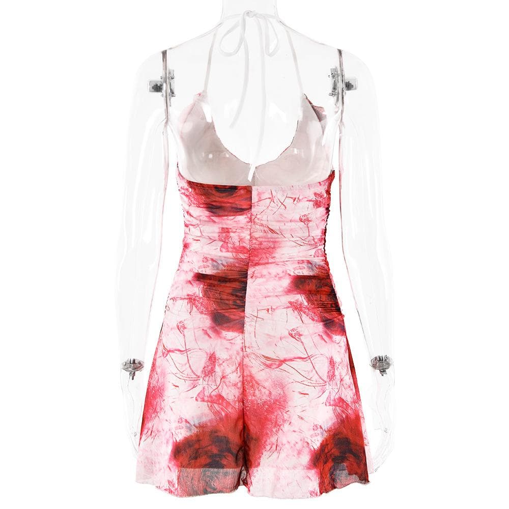 Halter ruffle rose print ruched backless cami mini dress