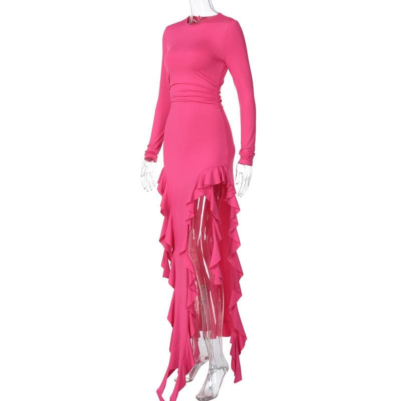 Long sleeve crewneck ruffle slit solid ruched maxi dress- Final Sale