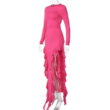 Long sleeve crewneck ruffle slit solid ruched maxi dress- Final Sale