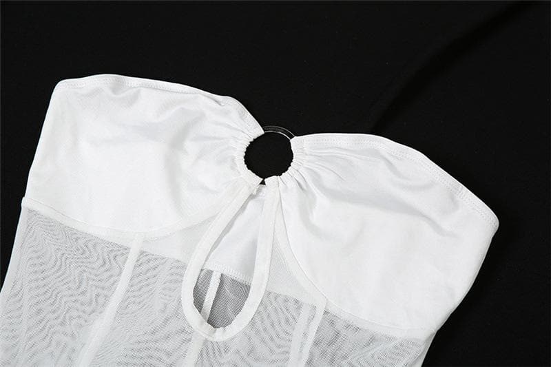 Mesh see through o ring hollow out backless tube cut out maxi dress